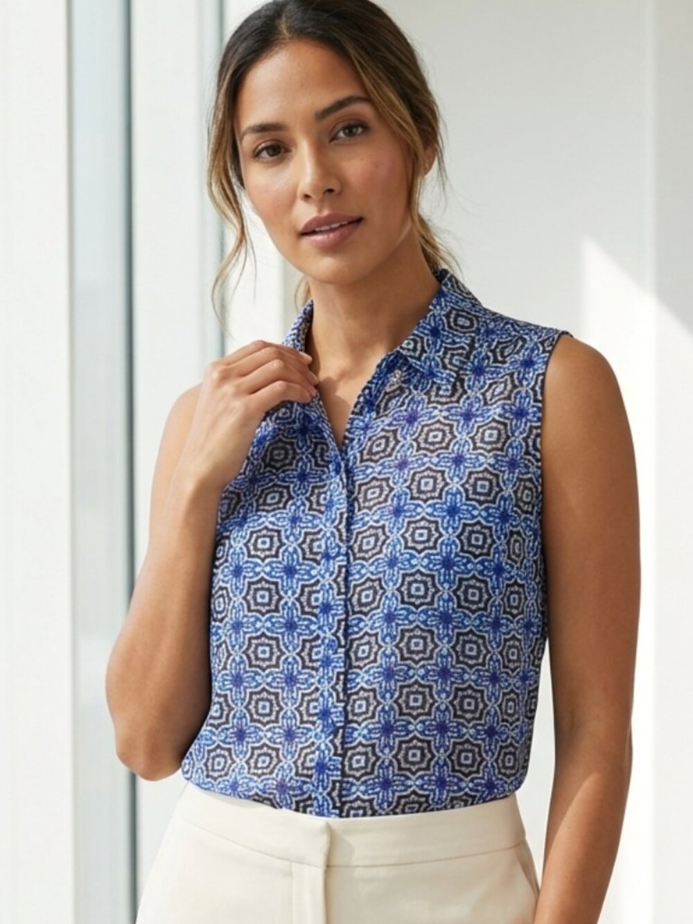 Liz Claiborne Blouse Womens Large Geometric Print Sheer Sleeveless Button Up Top